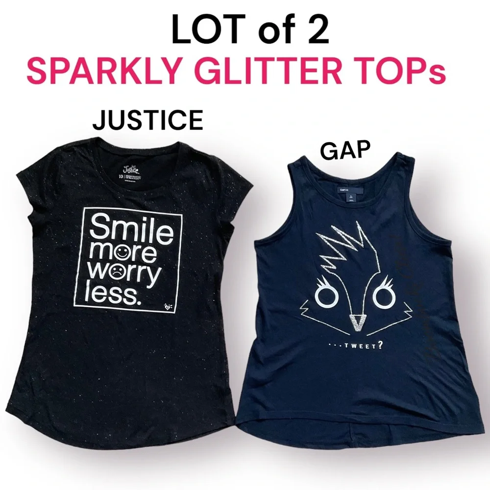 Lot of 2 Gap, Justice T shirt and tank Top Sparkly Black & Dark Blue Size 10